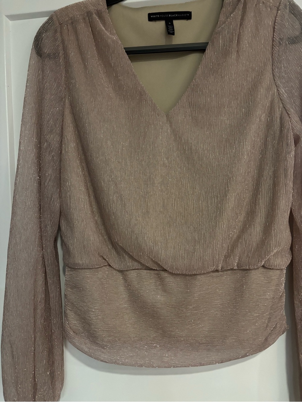 White House Black Market Blush Metallic V-Neck Long Sleeve Top